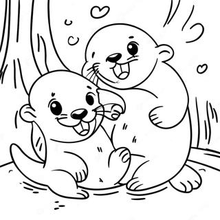 Kleurplaat van Speelse Otter Familie | Otter kleurplaat
