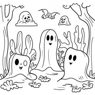 Spookachtige Begraafplaats met Geesten Kleurplaat | Begraafplaats kleurplaat