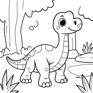 Schattige Brontosaurus in een Bos Kleurplaat | Brontosaurus kleurplaat