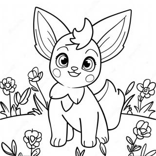 Schattige Leafeon in een Bloemenveld Kleurplaat | Bladpion kleurplaat