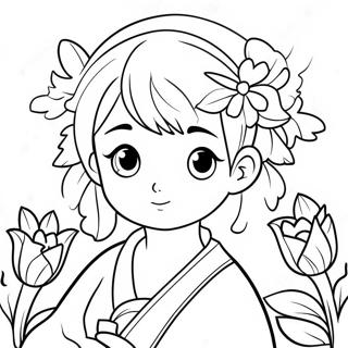 Schattige Kanae met Bloemen Kleurplaat | Kanae kleurplaat