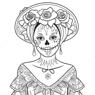 Elegante Catrina met Bloemen Kleurplaat | Catrina kleurplaat