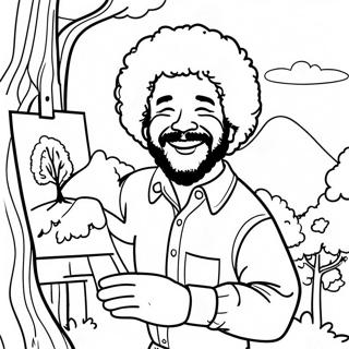 Vrolijke Bob Ross die een Blije Boom Schildert Kleurplaat | Bob Ross kleurplaat
