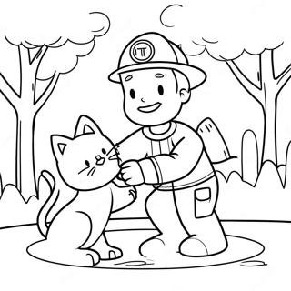 Vriendelijke Brandweerman Redt een Kat Kleurplaat | Gemeenschapshelpers kleurplaat