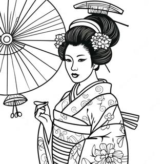 Elegante Geisha in Kimono Kleurplaat | Geisha kleurplaat