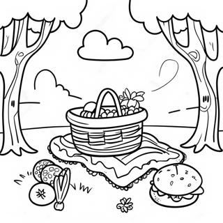 Picknick Scène met Kleurrijke Deken Kleurplaat | Picknick kleurplaat