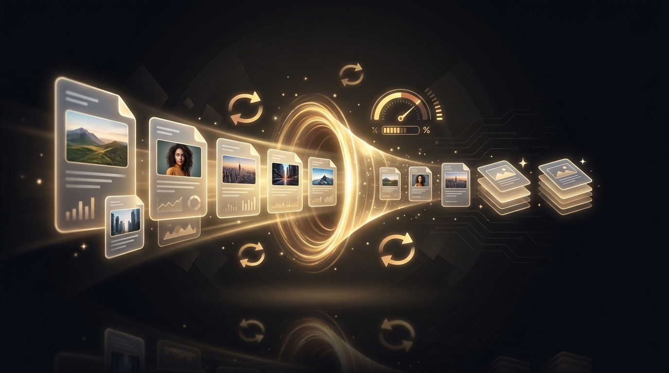 Image files flowing through a conversion funnel and coming out smaller — file conversion and compression illustrated