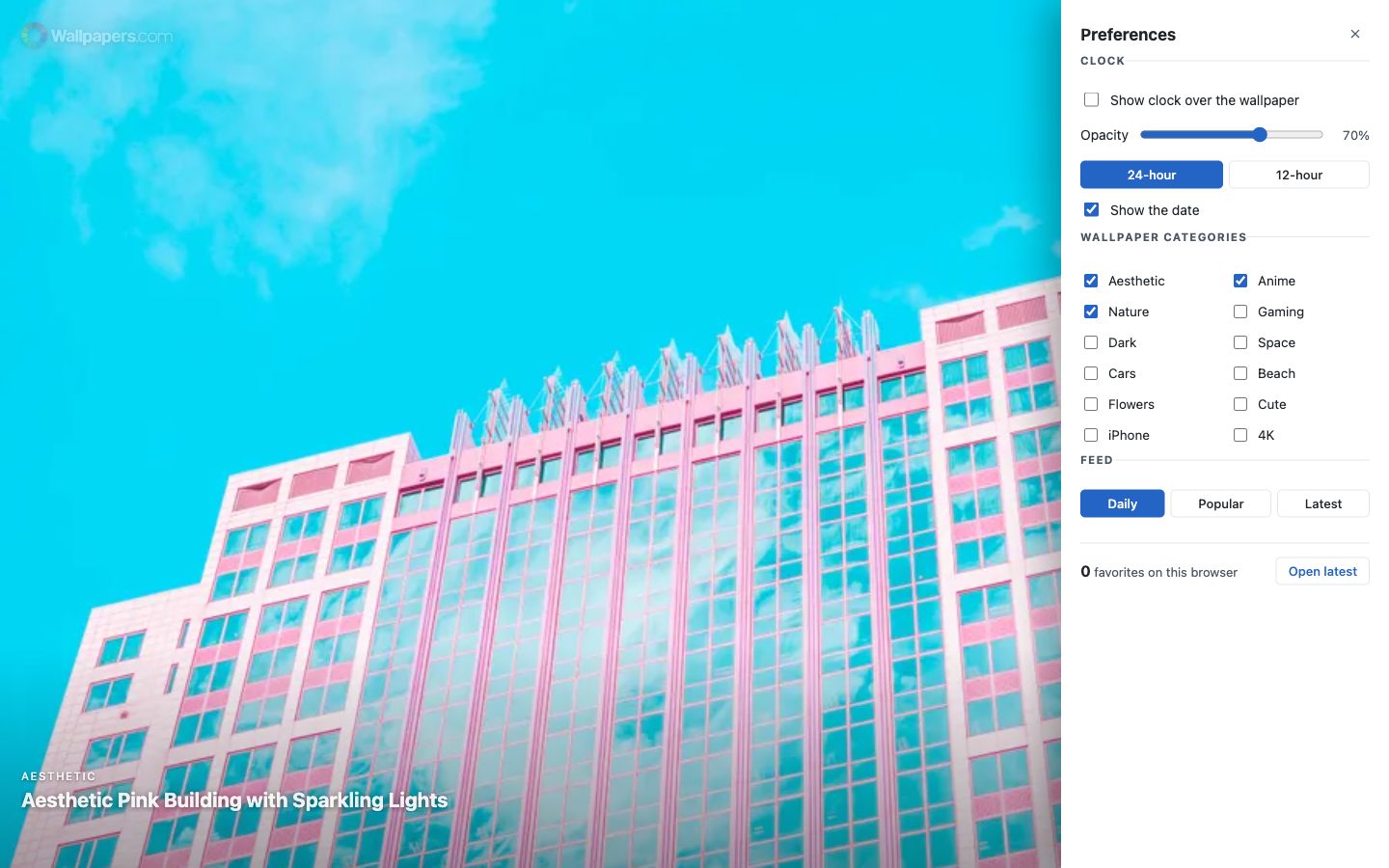 Het voorkeurenpaneel met klokinstellingen, twaalf achtergrondcategorieën en de opties Dagelijks, Populair en Nieuwste feeds